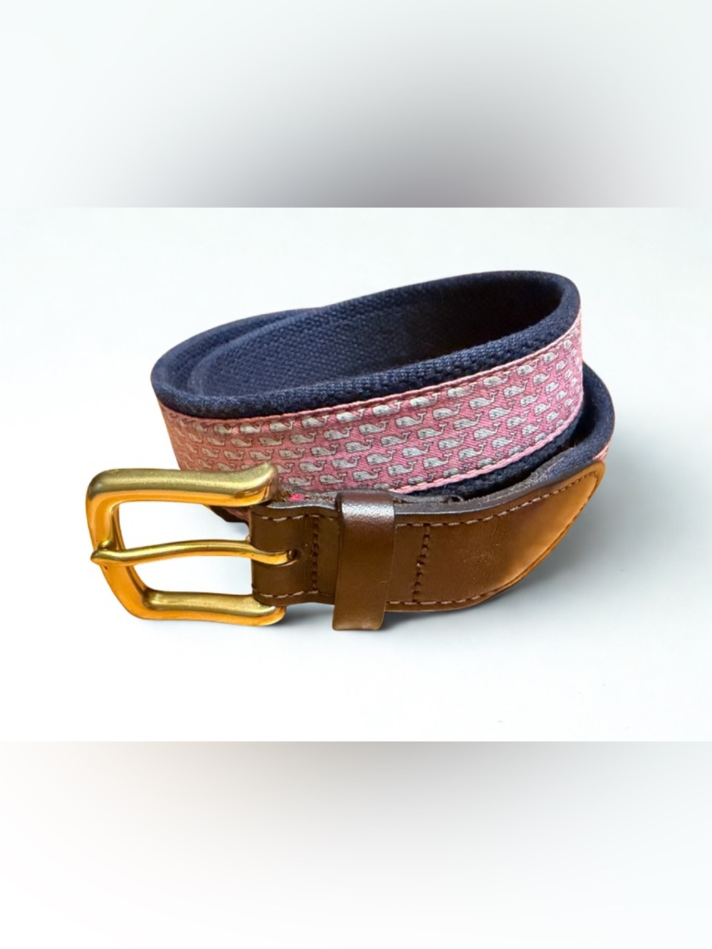 Vineyard Vines Pink Whale-Pattern Leather Belt with Gold Buckle